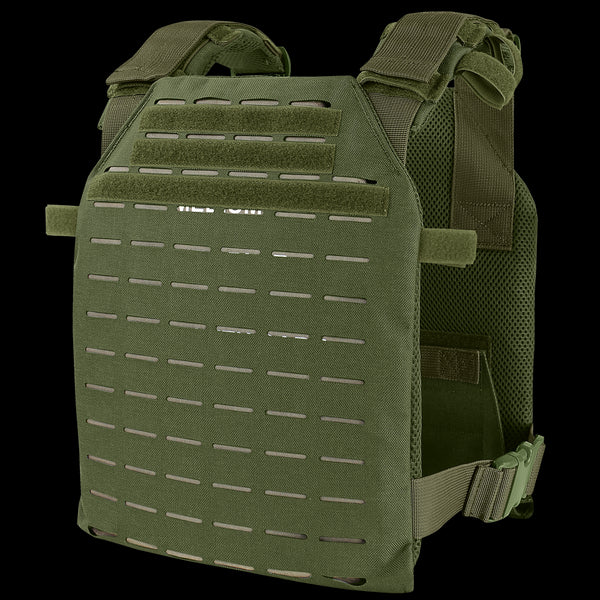 The Condor LCS Sentry Plate Carrier in Olive Drab features adjustable shoulder straps, a laser-cut MOLLE panel, and interior mesh padding for comfort.