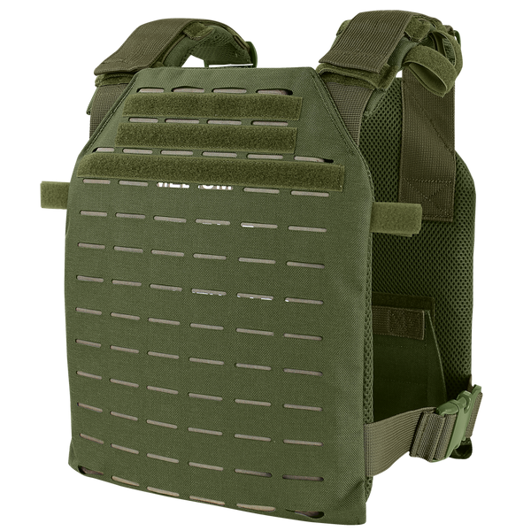 The Condor LCS Sentry Plate Carrier in Olive Drab features adjustable shoulder straps, a laser-cut MOLLE panel, and interior mesh padding for comfort.