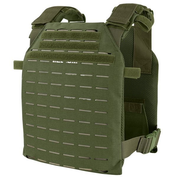 The Condor LCS Sentry Plate Carrier in Olive Drab features adjustable shoulder straps, a laser-cut MOLLE panel, and interior mesh padding for comfort.