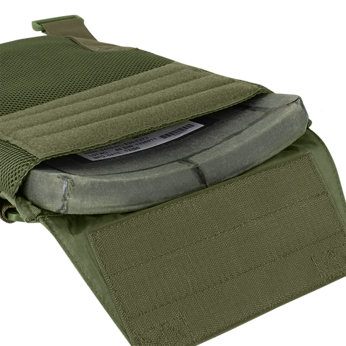Close-up of the Condor LCS Sentry Plate Carrier in olive green, showing an open pocket with a visible ballistic plate and Velcro flaps.