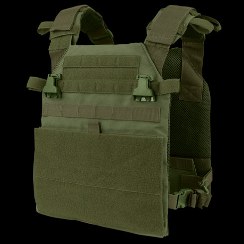 The Condor Vanquish Plate Carrier in Olive Drab features adjustable shoulder straps, MOLLE webbing, and quick-release buckles, shown on a plain background.