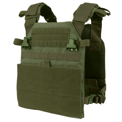 The Condor Vanquish Plate Carrier in Olive Drab features adjustable shoulder straps, MOLLE webbing, and quick-release buckles, shown on a plain background.