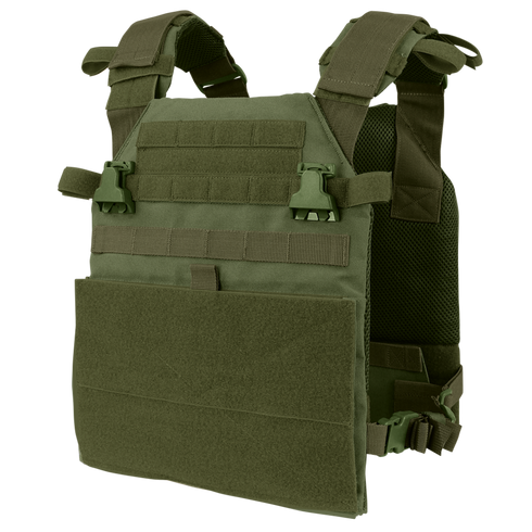 The Condor Vanquish Plate Carrier in Olive Drab features adjustable shoulder straps, MOLLE webbing, and quick-release buckles, shown on a plain background.