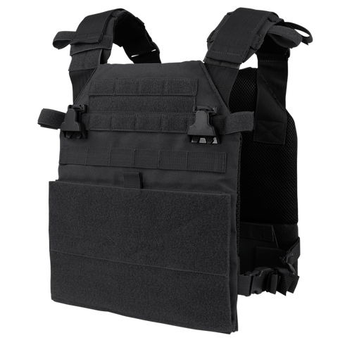 The Condor Vanquish Plate Carrier in black features adjustable shoulder and side straps for a secure fit and a modular design for customizable attachments, shown against a white background.