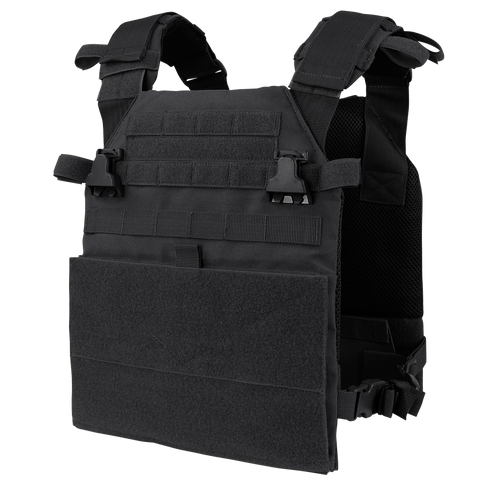 The Condor Vanquish Plate Carrier in black features adjustable shoulder and side straps for a secure fit and a modular design for customizable attachments, shown against a white background.