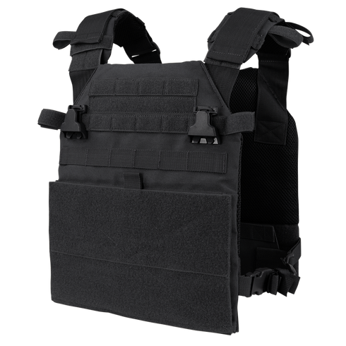 The Condor Vanquish Plate Carrier in black features adjustable shoulder and side straps for a secure fit and a modular design for customizable attachments, shown against a white background.