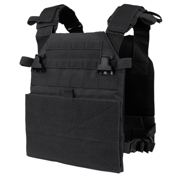 The Condor Vanquish Plate Carrier in black features adjustable shoulder and side straps for a secure fit and a modular design for customizable attachments, shown against a white background.