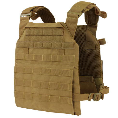 The Condor Vanquish Plate Carrier in Scorpion OCP features adjustable shoulder straps, front MOLLE webbing, and side strap buckles, designed to securely hold armor plates for military or law enforcement use.