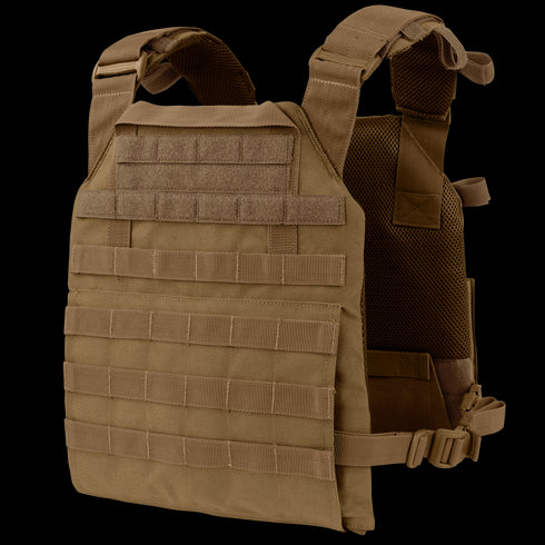 The Condor Vanquish Plate Carrier in tan features adjustable shoulder straps, customizable front Velcro patch areas, and horizontal webbing for attachments, offering a modular design for versatile tactical use.