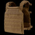 The Condor Vanquish Plate Carrier in tan features adjustable shoulder straps, customizable front Velcro patch areas, and horizontal webbing for attachments, offering a modular design for versatile tactical use.