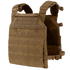 The Condor Vanquish Plate Carrier in tan features adjustable shoulder straps, customizable front Velcro patch areas, and horizontal webbing for attachments, offering a modular design for versatile tactical use.