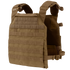 The Condor Vanquish Plate Carrier in tan features adjustable shoulder straps, customizable front Velcro patch areas, and horizontal webbing for attachments, offering a modular design for versatile tactical use.