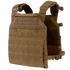 The Condor Vanquish Plate Carrier in tan features adjustable shoulder straps, customizable front Velcro patch areas, and horizontal webbing for attachments, offering a modular design for versatile tactical use.