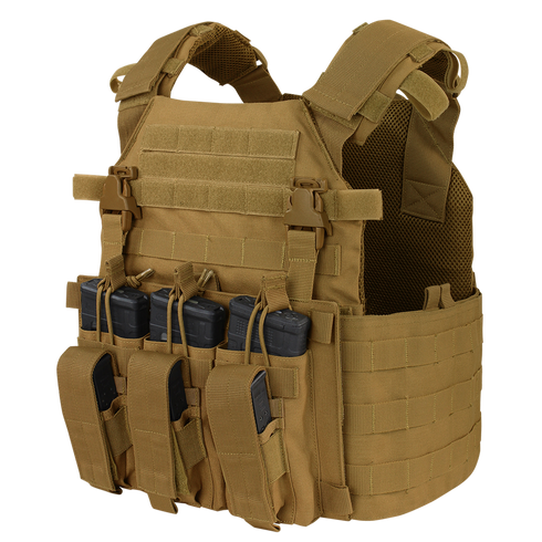 The Condor Vanquish Plate Carrier - Scorpion OCP features adjustable shoulder straps, MOLLE webbing for gear attachment, and front pouches for four rifle magazines—ideal tactical vest for military or first responder use.