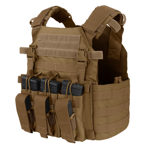 Condor Vanquish Plate Carrier in tan features a modular design with multiple pouches for black rifle magazines, displayed on a white background.