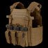 Condor Vanquish Plate Carrier in tan features a modular design with multiple pouches for black rifle magazines, displayed on a white background.