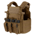 Condor Vanquish Plate Carrier in tan features a modular design with multiple pouches for black rifle magazines, displayed on a white background.