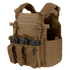 Condor Vanquish Plate Carrier in tan features a modular design with multiple pouches for black rifle magazines, displayed on a white background.