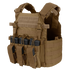 Condor Vanquish Plate Carrier in tan features a modular design with multiple pouches for black rifle magazines, displayed on a white background.