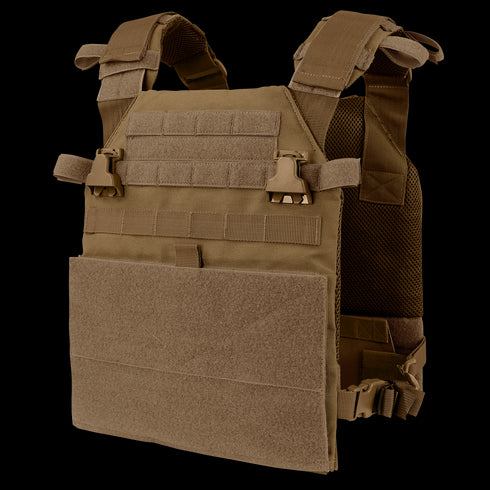 The Condor Vanquish Plate Carrier in Coyote Brown features adjustable shoulder straps, front MOLLE webbing, side buckles, and a modular design for customizable ballistic plate and gear attachment configurations.