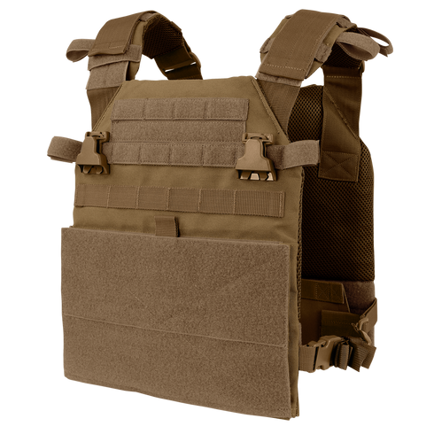 The Condor Vanquish Plate Carrier in Coyote Brown features adjustable shoulder straps, front MOLLE webbing, side buckles, and a modular design for customizable ballistic plate and gear attachment configurations.