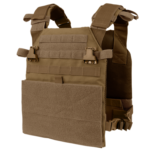 The Condor Vanquish Plate Carrier in Coyote Brown features adjustable shoulder straps, front MOLLE webbing, side buckles, and a modular design for customizable ballistic plate and gear attachment configurations.