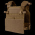 The Condor Vanquish Plate Carrier in Coyote Brown features adjustable shoulder straps, front MOLLE webbing, side buckles, and a modular design for customizable ballistic plate and gear attachment configurations.