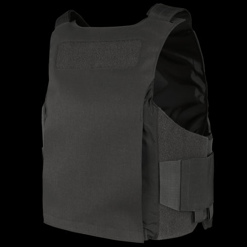 The Condor LCS Vanquish LT Plate Carrier in tactical black, featuring adjustable side straps, is ideal for law enforcement and first responders, shown here against a plain background.