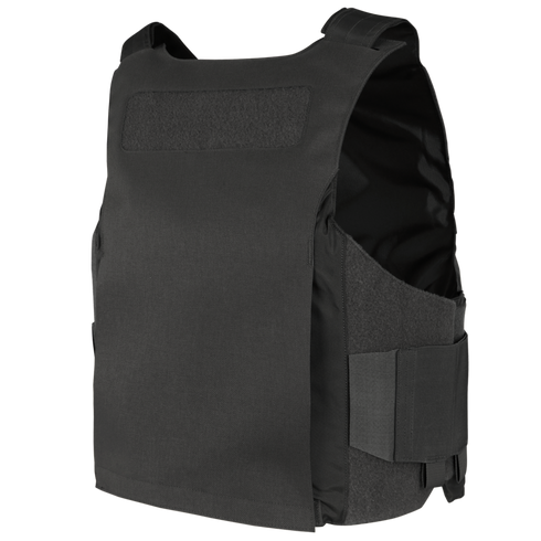 The Condor LCS Vanquish LT Plate Carrier in tactical black, featuring adjustable side straps, is ideal for law enforcement and first responders, shown here against a plain background.