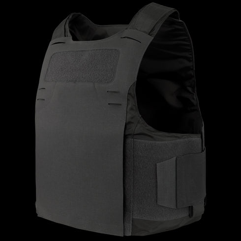 The Condor LCS Vanquish LT Plate Carrier is a black tactical vest with adjustable shoulder and side straps, plus Velcro panels for secure fastening—ideal for military or law enforcement use.