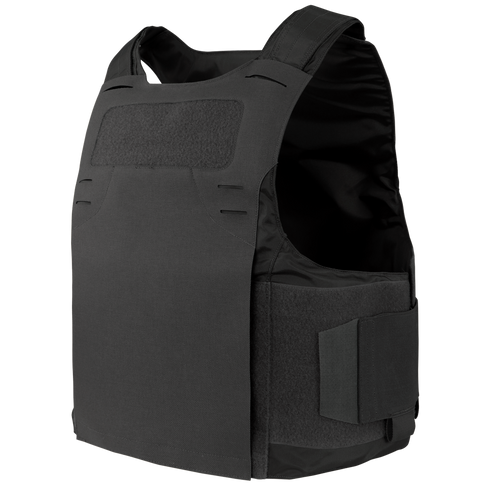 The Condor LCS Vanquish LT Plate Carrier is a black tactical vest with adjustable shoulder and side straps, plus Velcro panels for secure fastening—ideal for military or law enforcement use.