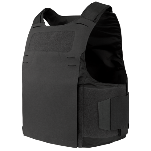 The Condor LCS Vanquish LT Plate Carrier is a black tactical vest with adjustable shoulder and side straps, plus Velcro panels for secure fastening—ideal for military or law enforcement use.