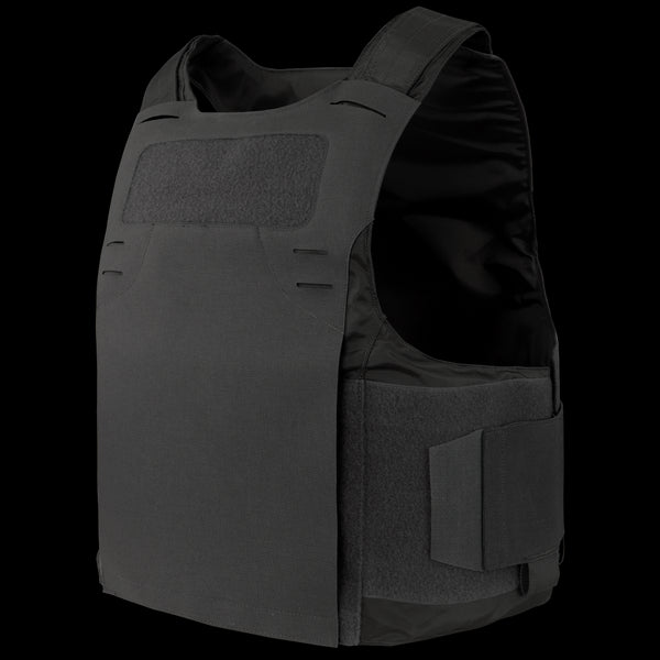 The Condor LCS Vanquish LT Plate Carrier is a black tactical vest with adjustable shoulder and side straps, plus Velcro panels for secure fasteningāideal for military or law enforcement use.