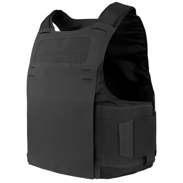 The Condor LCS Vanquish LT Plate Carrier is a black tactical vest with adjustable shoulder and side straps, plus Velcro panels for secure fastening—ideal for military or law enforcement use.