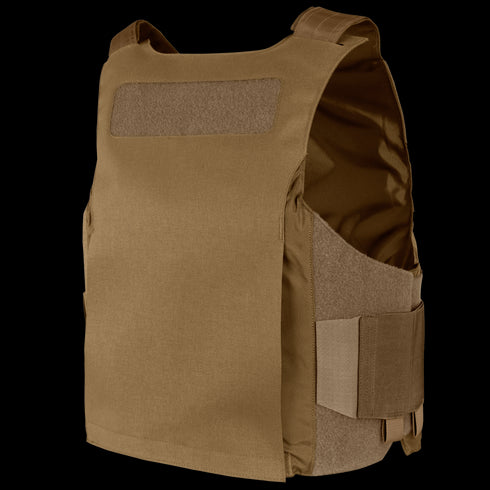 The Condor LCS Vanquish LT Plate Carrier is a tan tactical vest with adjustable shoulder straps and side panels, designed for personal protection of military and law enforcement personnel.
