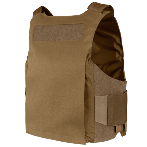 The Condor LCS Vanquish LT Plate Carrier is a tan tactical vest with adjustable shoulder straps and side panels, designed for personal protection of military and law enforcement personnel.