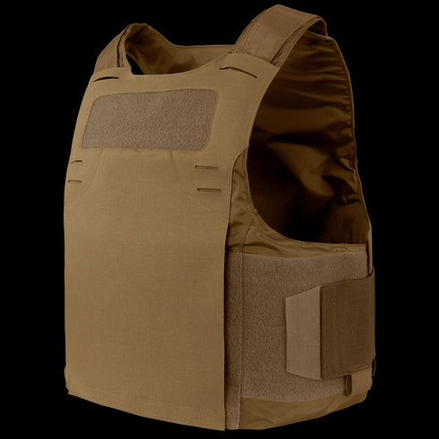 The Condor LCS Vanquish LT Plate Carrier is a tan tactical vest with adjustable shoulder straps and side panels, designed for military use, shown against a plain background.