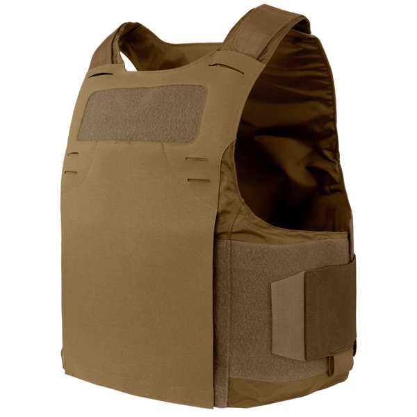 The Condor LCS Vanquish LT Plate Carrier is a tan tactical vest with adjustable shoulder straps and side panels, designed for military use, shown against a plain background.