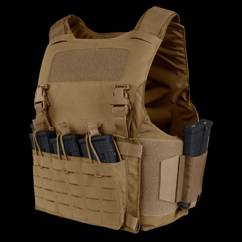 The Condor LCS Vanquish LT Plate Carrier is a tan tactical vest designed for military or law enforcement, featuring multiple front and side pouches to hold several rifle magazines.