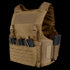 The Condor LCS Vanquish LT Plate Carrier is a tan tactical vest designed for military or law enforcement, featuring multiple front and side pouches to hold several rifle magazines.