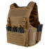 The Condor LCS Vanquish LT Plate Carrier is a tan tactical vest designed for military or law enforcement, featuring multiple front and side pouches to hold several rifle magazines.