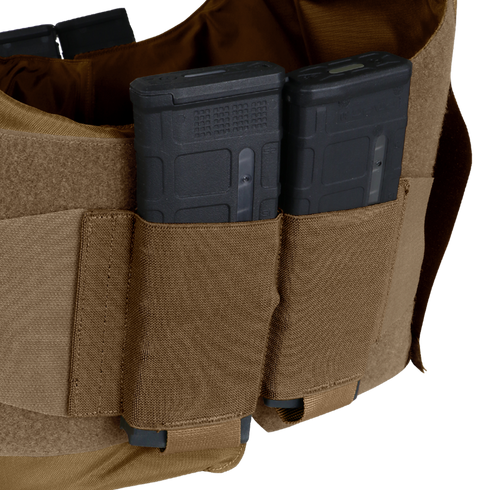 Two black rifle magazines are secured in tan fabric pouches on the Condor LCS Vanquish LT Plate Carrier, a tactical vest designed for law enforcement and tactical use.
