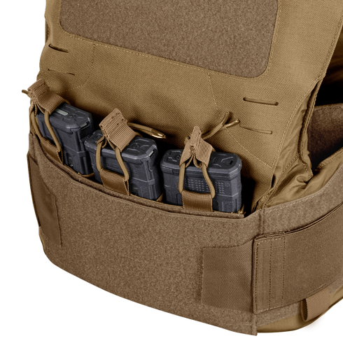 The Condor LCS Vanquish LT Plate Carrier in tan is built for military and tactical use, featuring three black rifle magazines held in front pouches with secure straps and hook-and-loop fasteners.