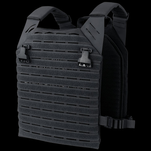 The Condor Elite LCS Vanquish Plate Carrier by Condor is a black tactical vest with adjustable shoulder straps, quick-release buckles, and laser-cut MOLLE panels, designed for military and law enforcement use.