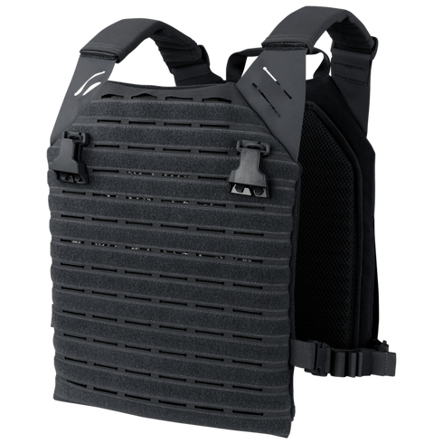 The Condor Elite LCS Vanquish Plate Carrier by Condor is a black tactical vest with adjustable shoulder straps, quick-release buckles, and laser-cut MOLLE panels, designed for military and law enforcement use.
