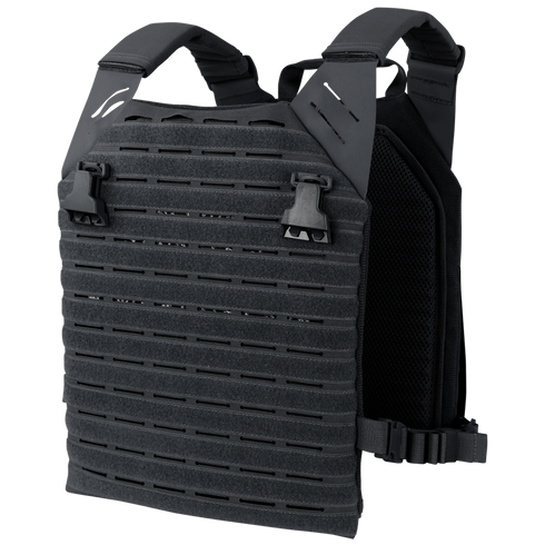 The Condor Elite LCS Vanquish Plate Carrier by Condor is a black tactical vest with adjustable shoulder straps, quick-release buckles, and laser-cut MOLLE panels, designed for military and law enforcement use.