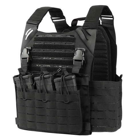 The Condor Elite LCS Vanquish Plate Carrier by Condor is a black tactical vest with adjustable straps and multiple front magazine pouches, designed for military and law enforcement use.