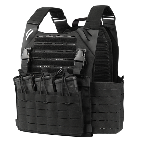 The Condor Elite LCS Vanquish Plate Carrier by Condor is a black tactical vest with adjustable straps and multiple front magazine pouches, designed for military and law enforcement use.