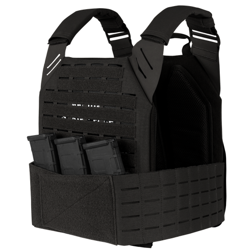 The Condor Elite LCS Vanquish Plate Carrier by Condor features adjustable shoulder straps, MOLLE webbing, and three front rifle mag pouches—ideal for military or first responder use.