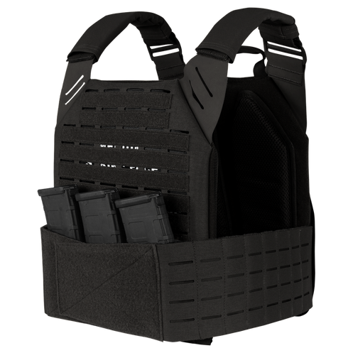 The Condor Elite LCS Vanquish Plate Carrier by Condor features adjustable shoulder straps, MOLLE webbing, and three front rifle mag pouches—ideal for military or first responder use.